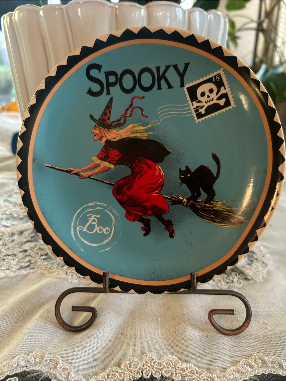 Spooky Witch Decorative Plate - Blue & Red Halloween Accent